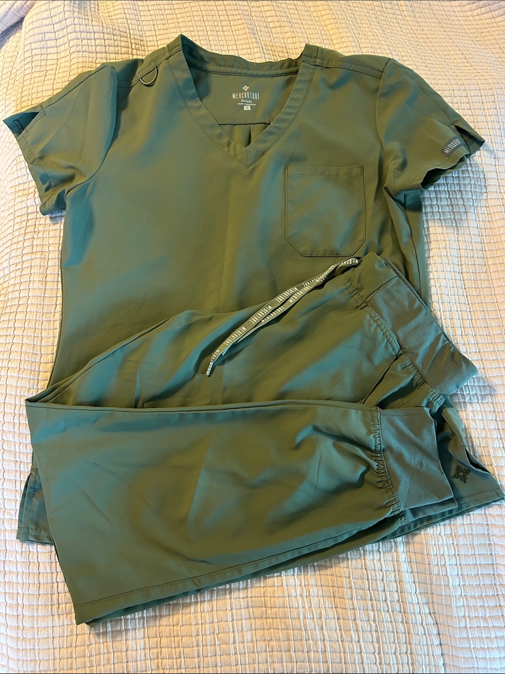 Med Couture Olive Green Scrub Top and Pants Set